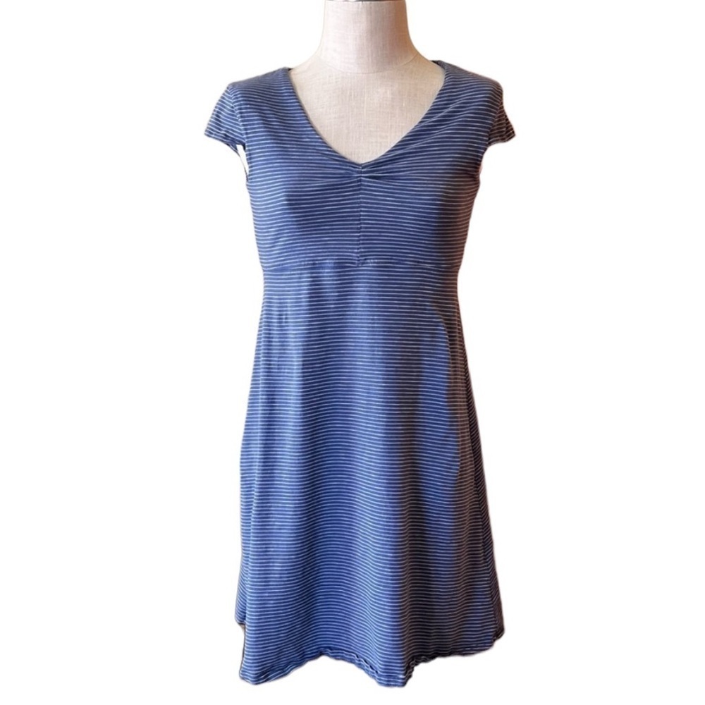 Toad & Co Medium Blue White Stripe Dress Fit & Flare Organic Cotton Casual - Picture 2 of 8